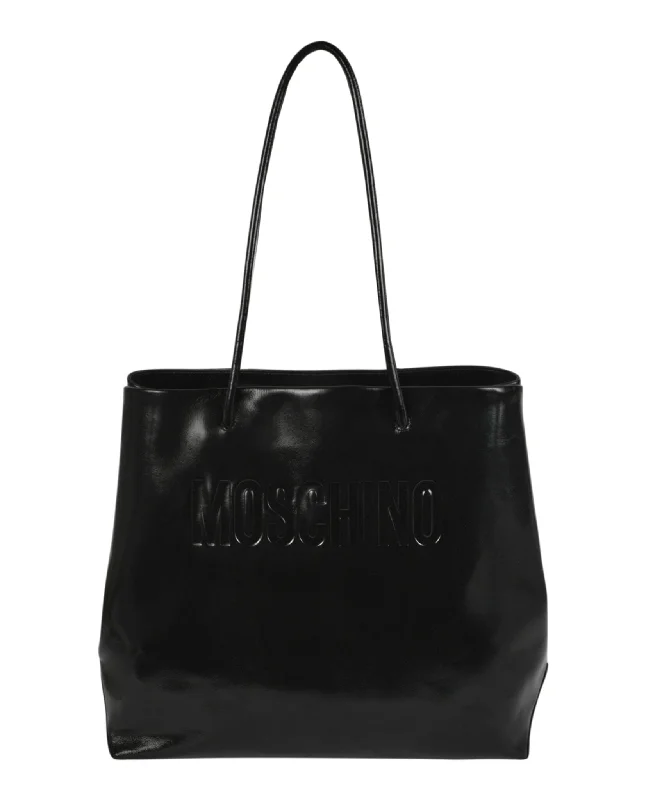 Moschino Womens Logo Embossed Coated Leather Tote Bag