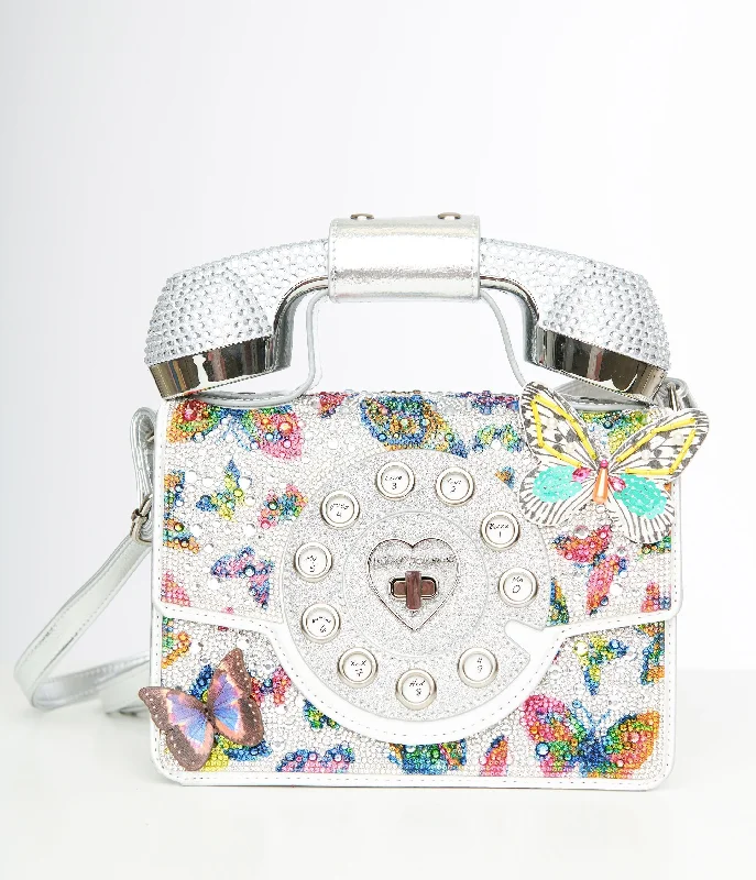 Betsey Johnson Silver & Multicolor Rhinestone Butterfly Phone Handbag