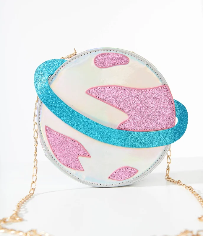 Unique Vintage Blue & Pink Glitter Saturn Planet Crossbody Bag