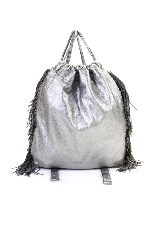 Brunello Cucinelli Womens Grain Leather Monili Fringe Backpack Handbag Silver