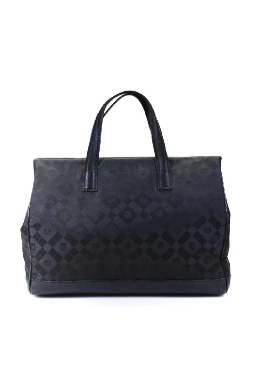 Bruno Magli Womens Argyle Leather Trim Magnetic Closure Tote Bag Black