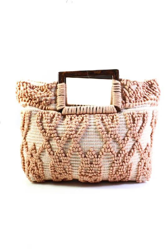 Casa Isota Womens Chunky Woven Boucle Square Handle Tote Handbag White Peach