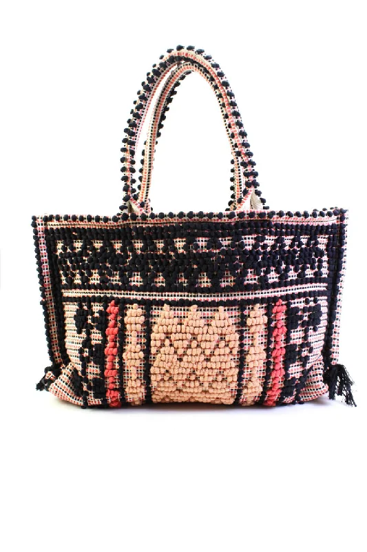 Casa Isota Womens Chunky Woven Top Handle Tote Handbag Black Red Orange