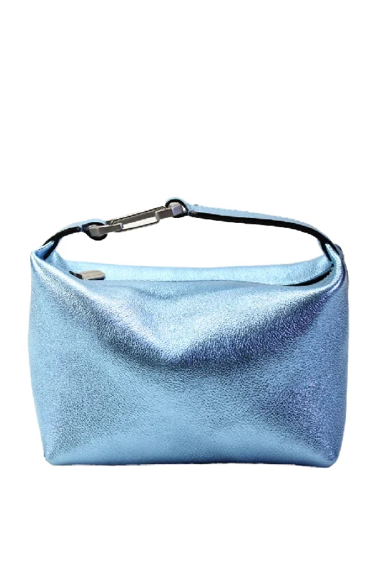 EERA Womens Zip Top Single Handle Small Metallic Pouch Handbag Blue Leather