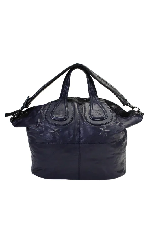 Givenchy Womens Double Handle Star Nightingale Satchel Handbag Navy Blue Leather