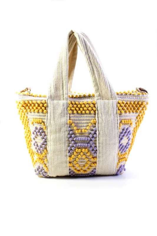 Isota Womens Chunky Needlepoint Canvas Tote Handbag White Yellow Purple