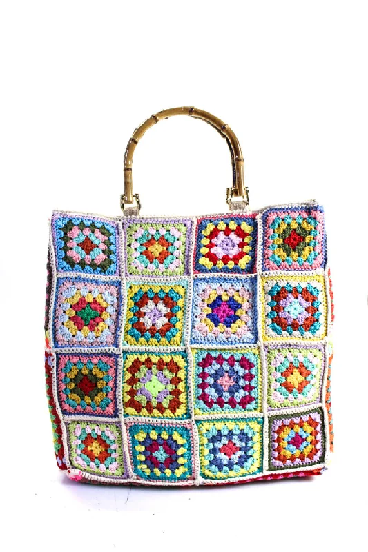 La Milanesa Womens Top Handle Crochet Wood Handle Tote Handbag Multicolor