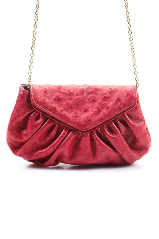 Lauren Merkin Womens Ostrich Skin Chain Clutch Crossbody Handbag Red