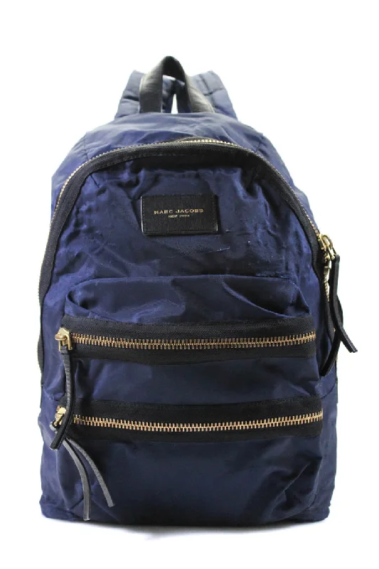 Marc Jacobs Womens Leather Trim Adjustable Zip Up Bookbag Backpack Navy