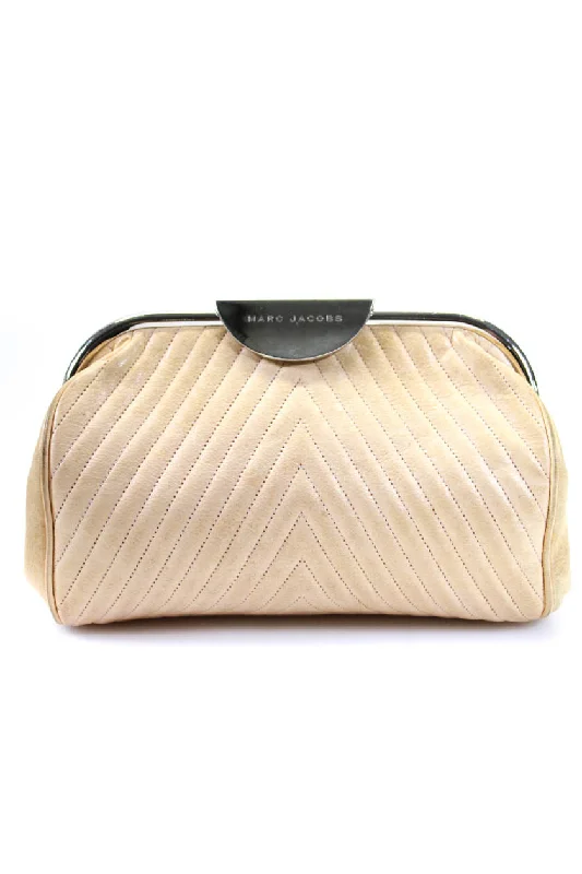 Marc Jacobs Womens Small Quilted Chevron Hinged Clutch Handbag Beige Leather