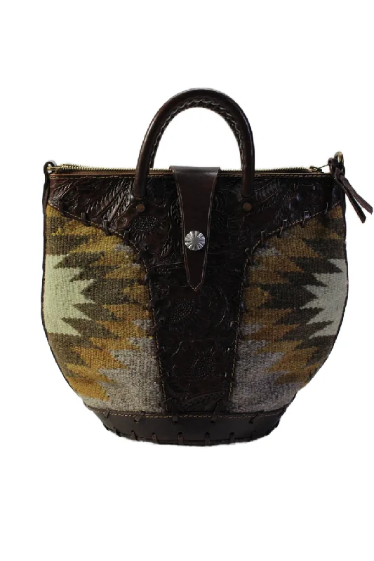 RRL Ralph Womens Leather Wool Jacquard Southwestern Handbag Brown Gray