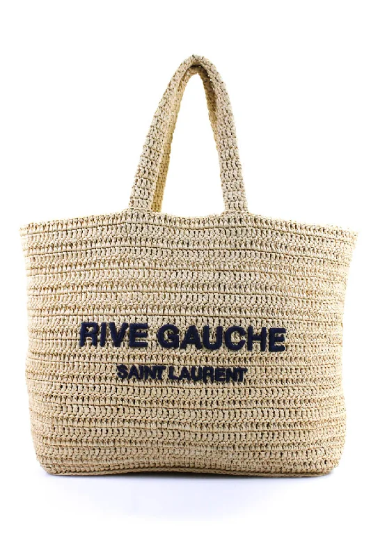 Saint Laurent Womens Large Embroidered Straw Beach Tote Handbag Natural Navy Blue