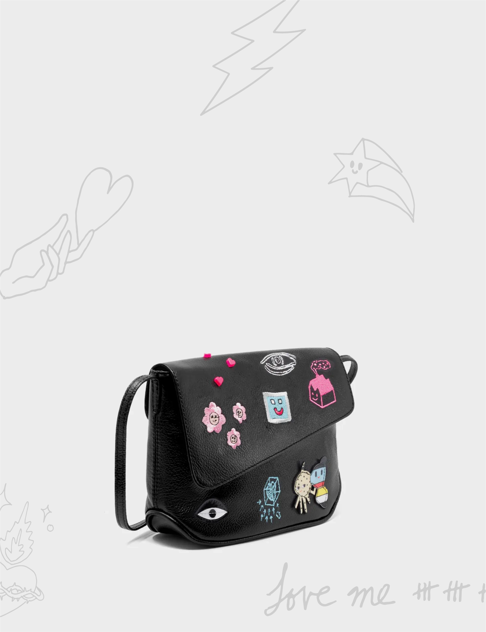 Bruno Mini Crossbody Black Leather Bag - Urban Doodles Applique