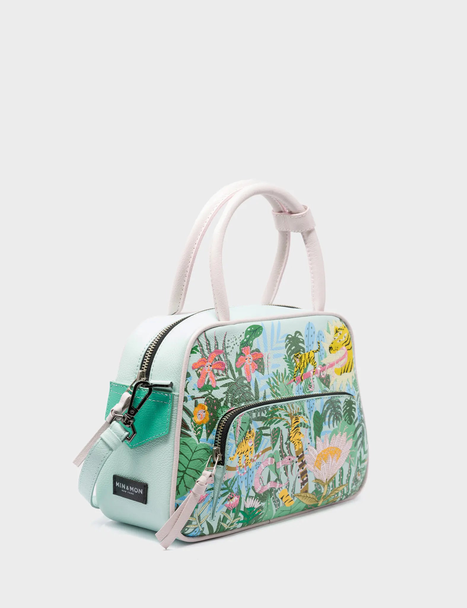 Marino Medium Crossbody Glacier Green Leather Bag - El Trópico Print & Embroidery Design