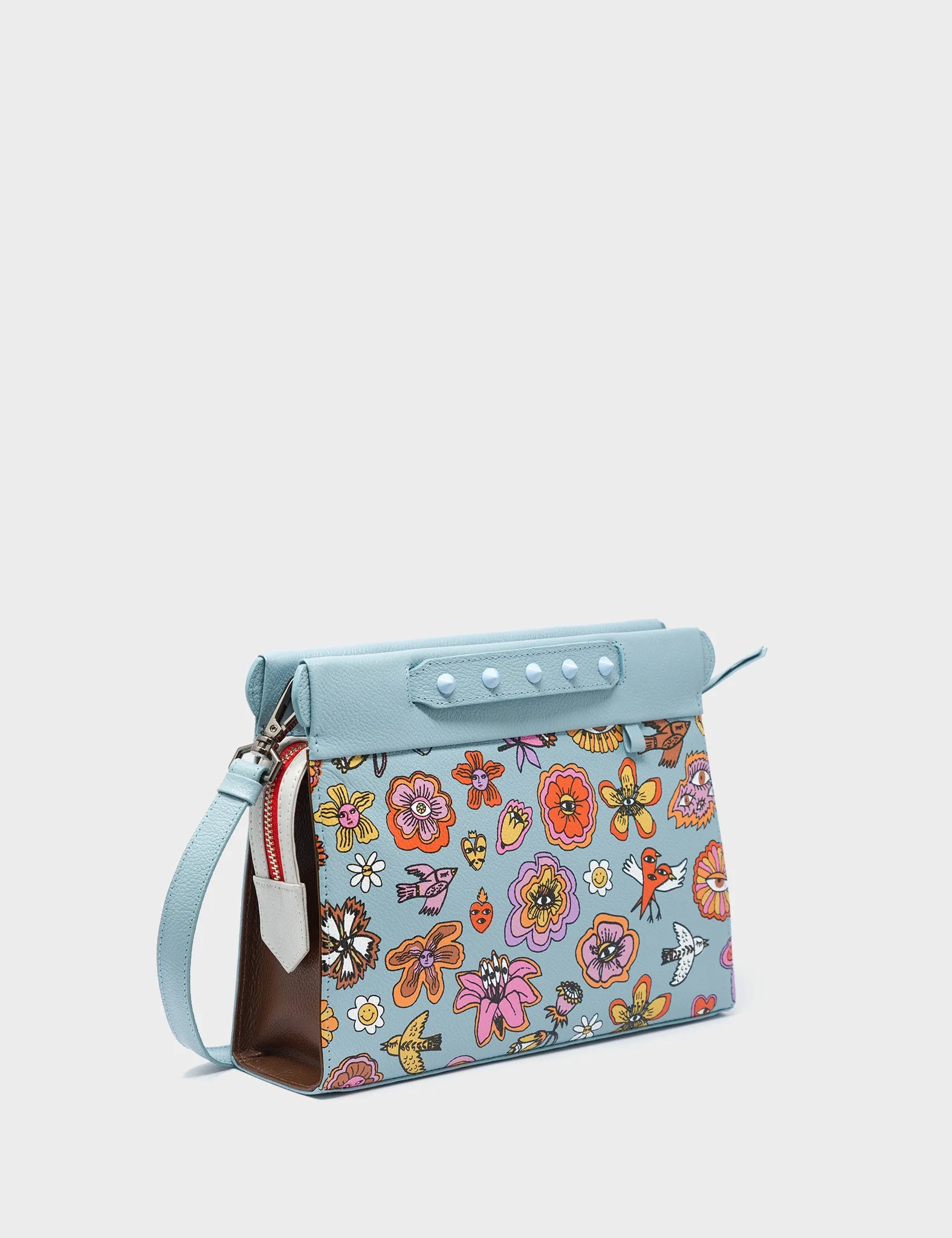 Vali Small Crossbody Sterling Blue and Brown Leather Bag - Floral Vintage Print