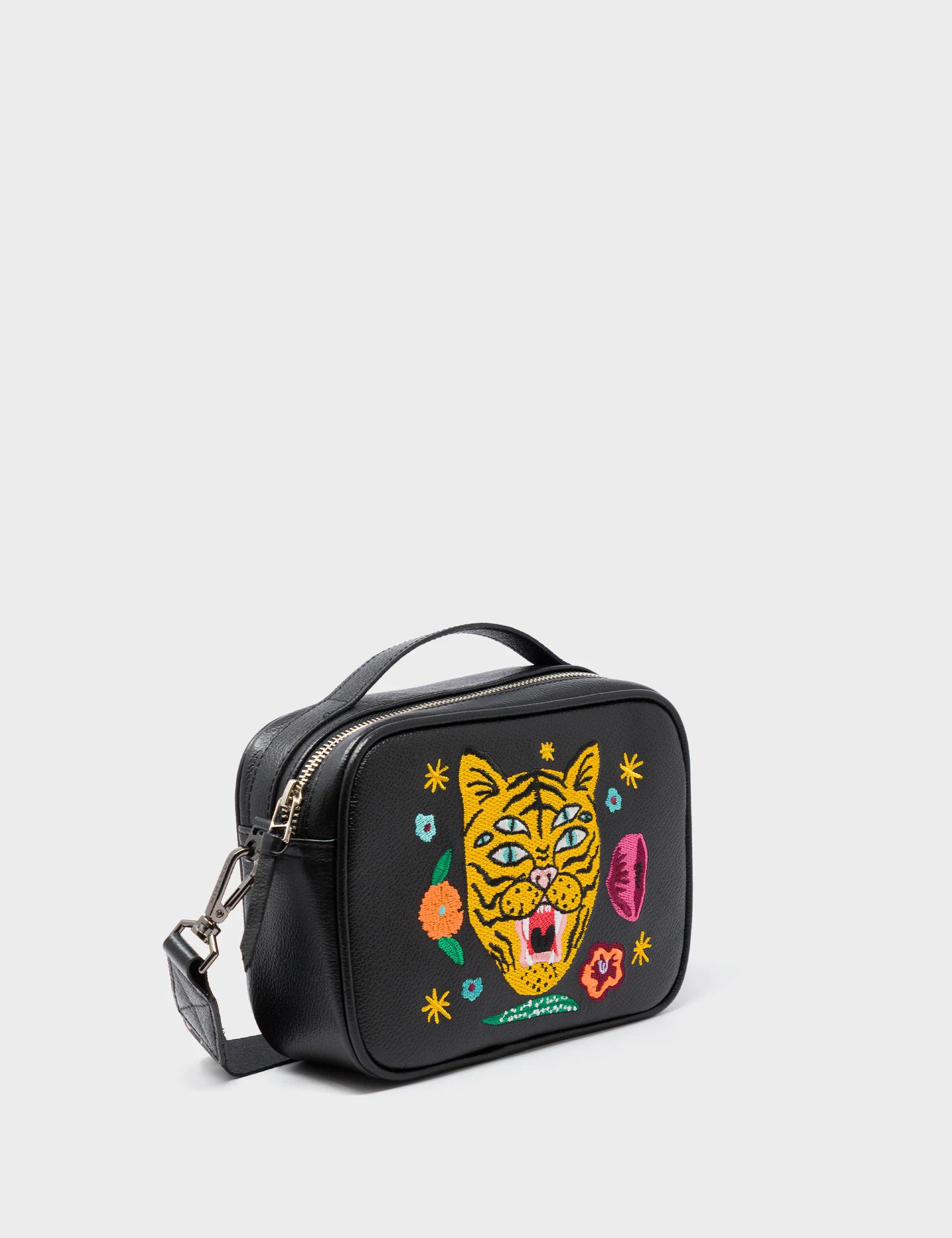 Verto Black Leather Crossbody Bag - Tiger and Flowers Embroidery