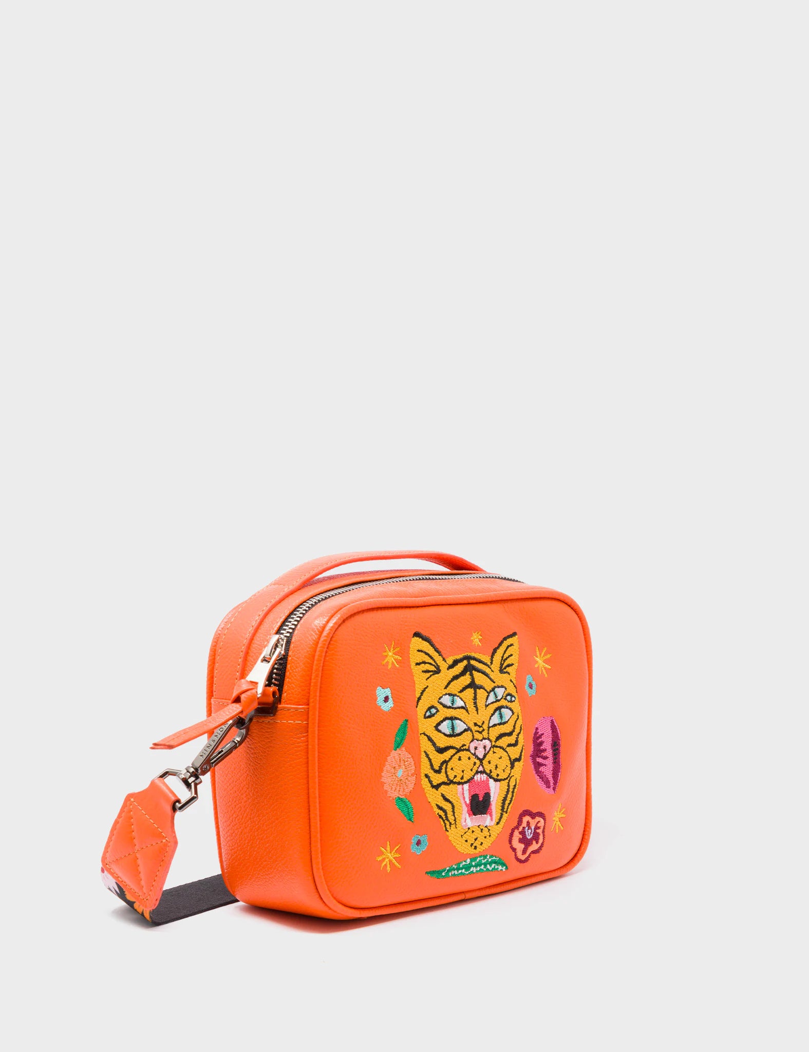 Verto Crossbody Vermillion Orange Leather Handbag - Tiger and Flowers Embroidery