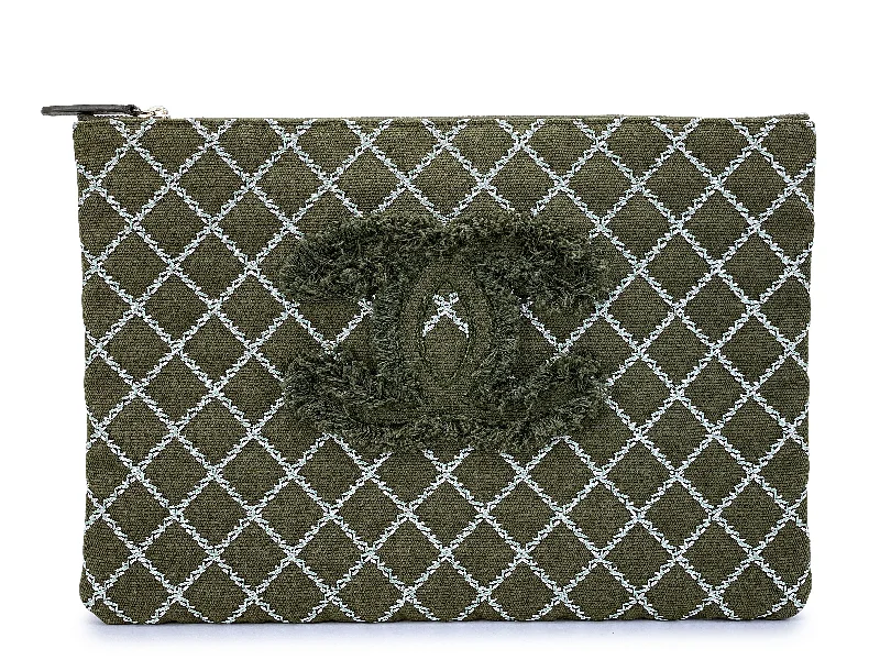 Chanel Khaki Green Contrast Stitch CC Large O Case Clutch Bag