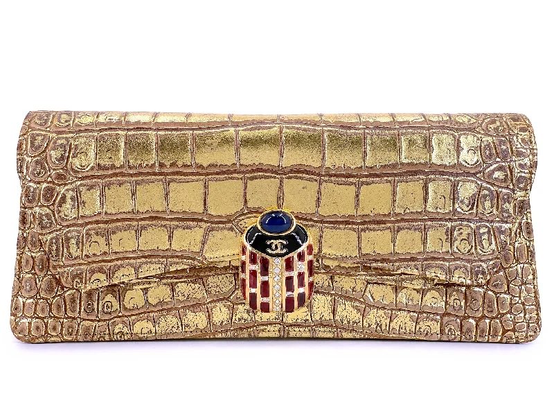 Chanel 19A Egyptian Crocodile Print Scarab Clutch Gold Paris-New York Bag TI9