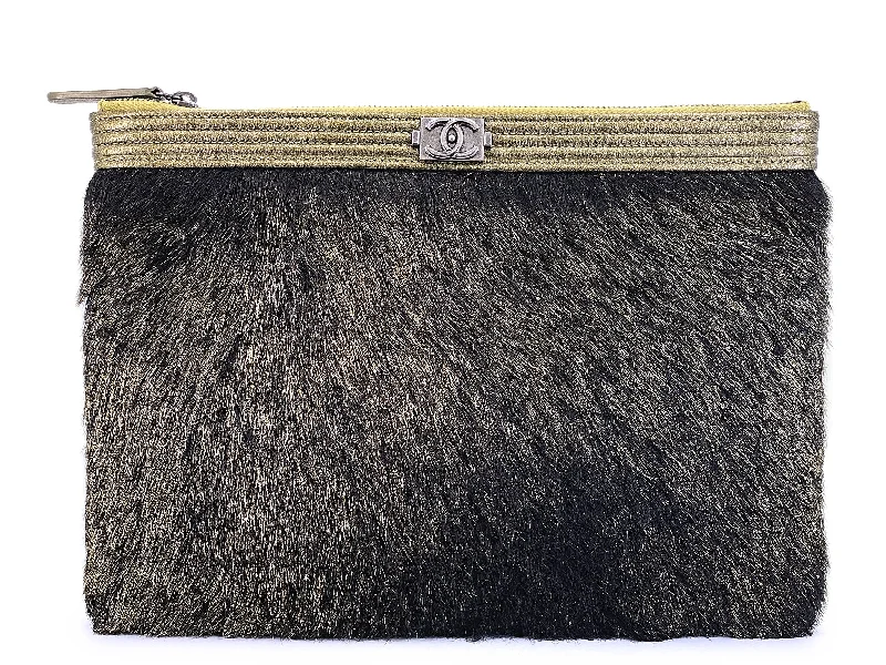 Chanel 2015 Orylag Fur Aged Gold Pewter O Case Clutch Bag RHW S4U