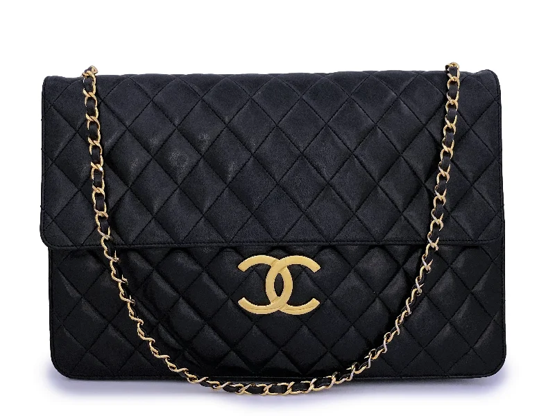 Rare Chanel Vintage Black XXL Classic Flap Clutch Bag 24k GHW Lambskin